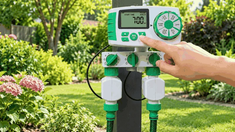 Hand setting automatic garden watering system timer for irrigation.