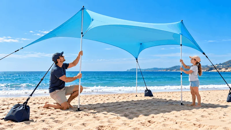 Setting up pop up canopy beach shade.