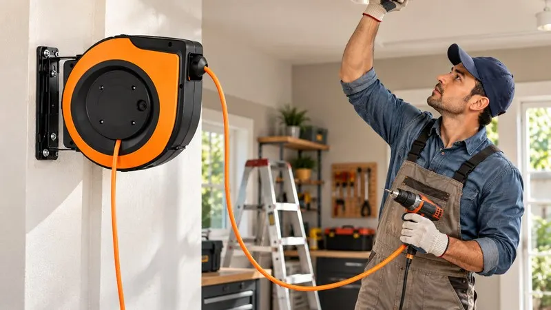 Man using wall-mounted extension cable reel in home garage.