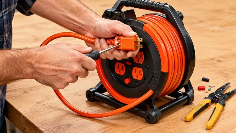 Man repairing extension cable reel plug with screwdriver.