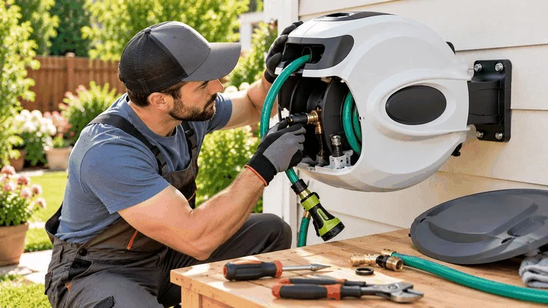 Man repairing white garden water hose reel with tools.