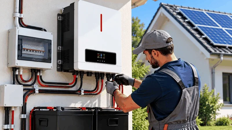 Technician installing off-grid solar inverter