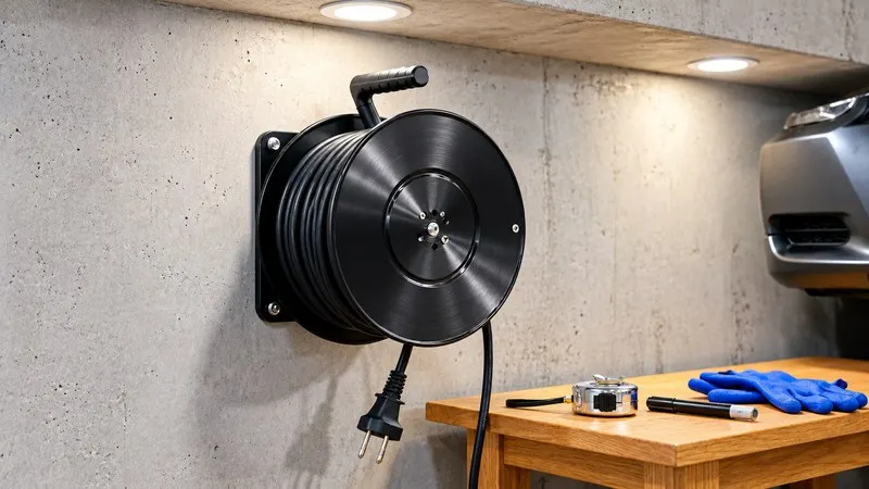 Wall mount extension cord reel in organized garage.