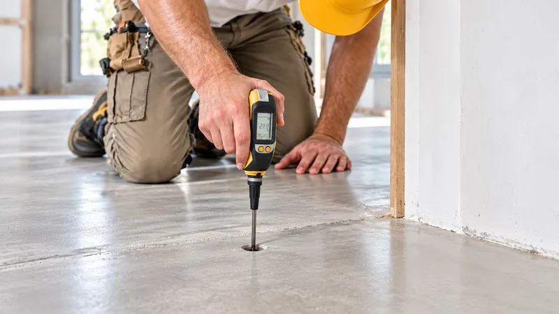 Testing moisture during concrete floor preparation.
