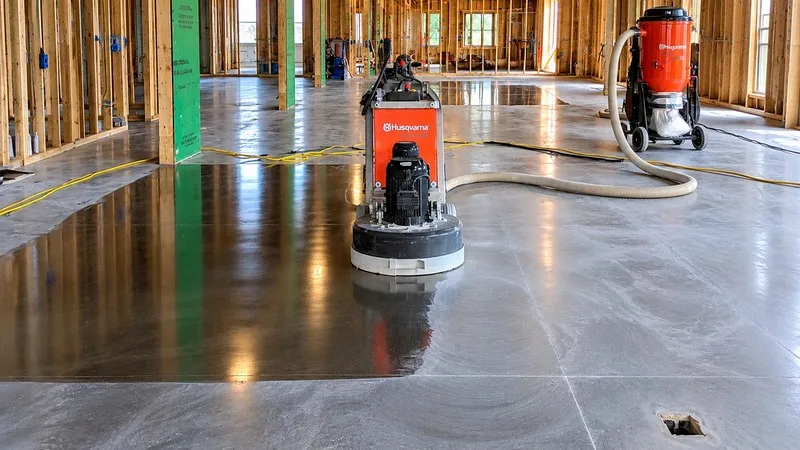 Final concrete floor preparation with walk-behind grinder.