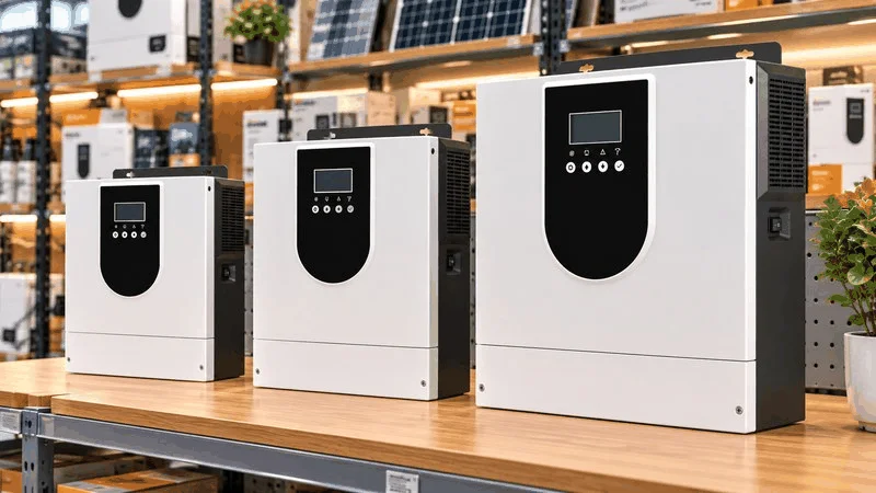 hybrid solar inverter models displayed on store shelf.
