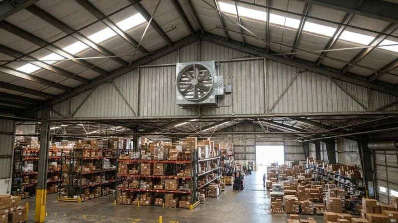 A speed-controlled attic gable fan inside a warehouse to protect goods from moisture