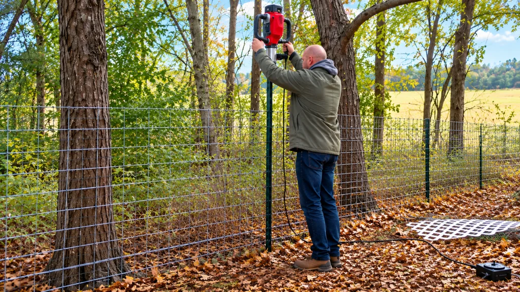 Worker using an electric post driver to install a metal post