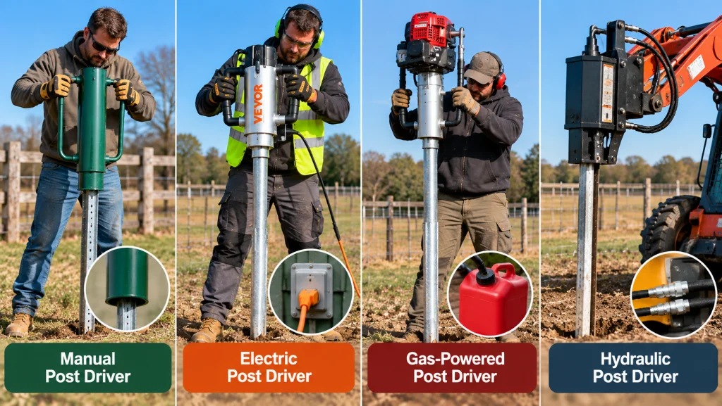 Manual, electric, gas-powered, and hydraulic post drivers compared.