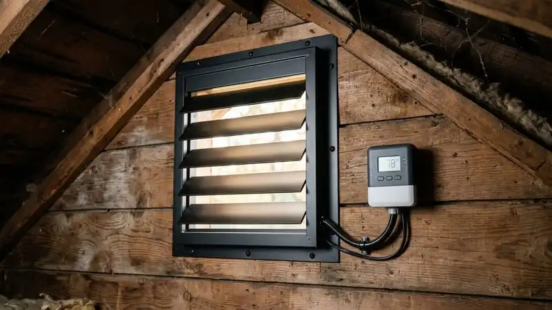 Detailný záber na čierny ventilátor s roletou v podkroví s EC motorom v štítovej stene garáže&nbsp;