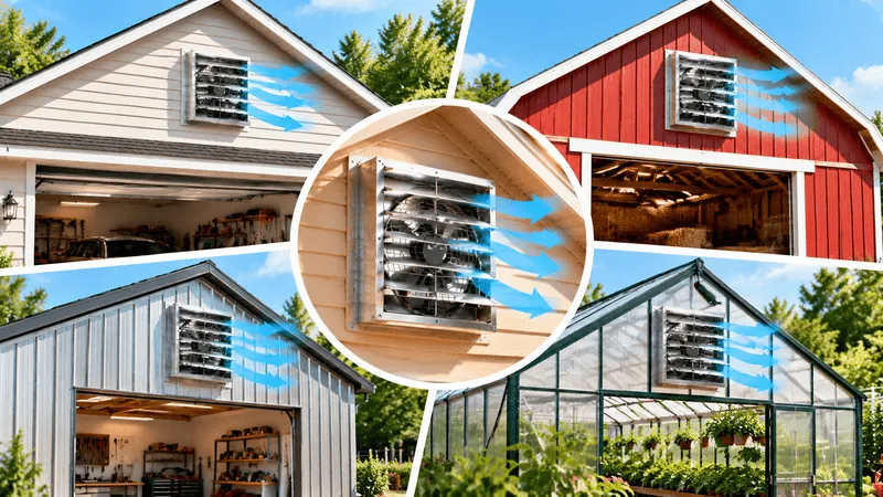 Štítový podkrovný ventilátor namontovaný vysoko na vonkajšej stene obytnej garáže