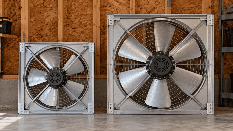 Gable shutter exhaust fan pushing hot air out of a sunlit attic