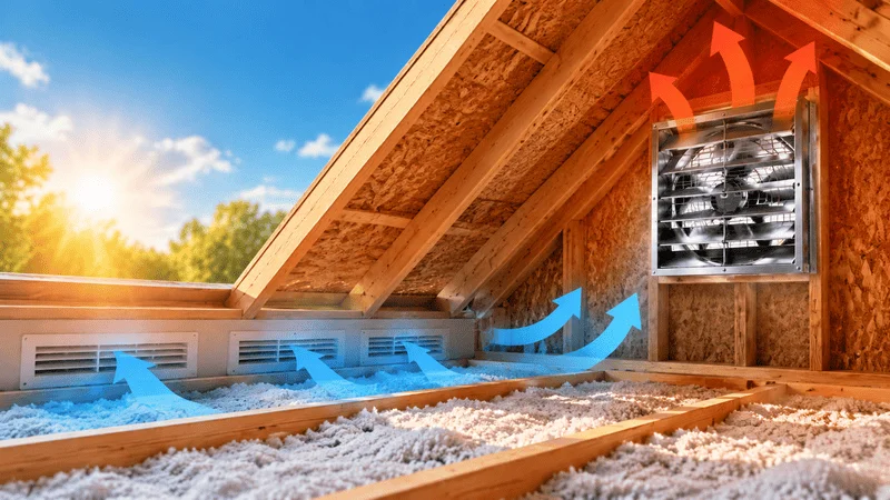 Una rejilla de ventilación en el alero permite que el aire fresco del exterior entre en el ático.