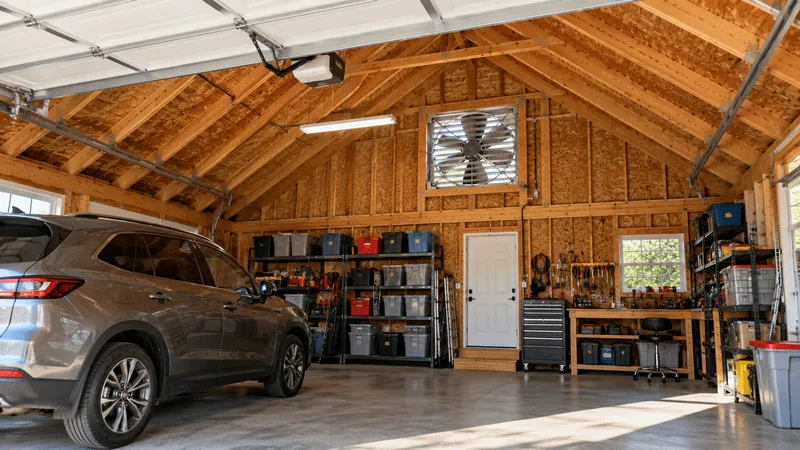 Shutter exhaust fan pulling hot air out of a garage attic
