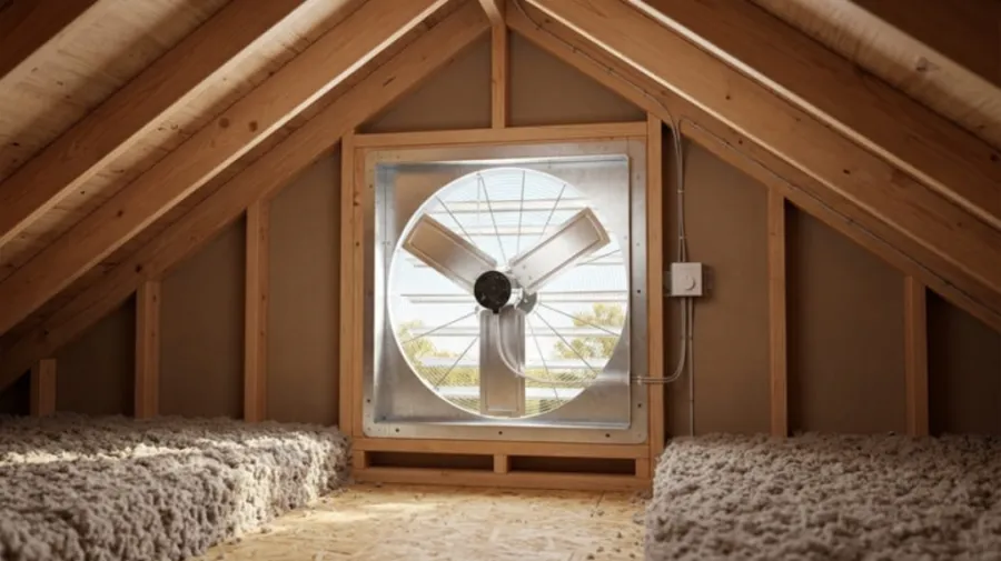 Gable attic fan installation on a house gable wall