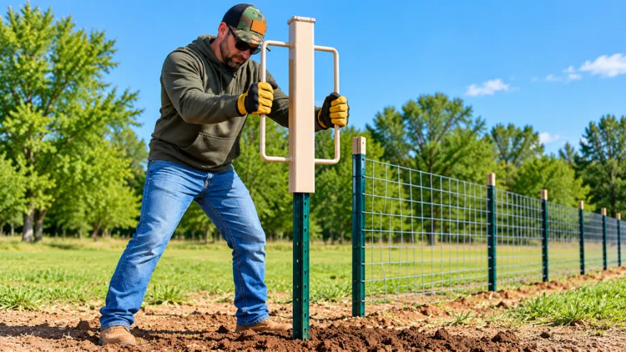 Worker using a T post driver to install a green metal fence post