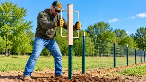 Worker using a T post driver to install a green metal fence post