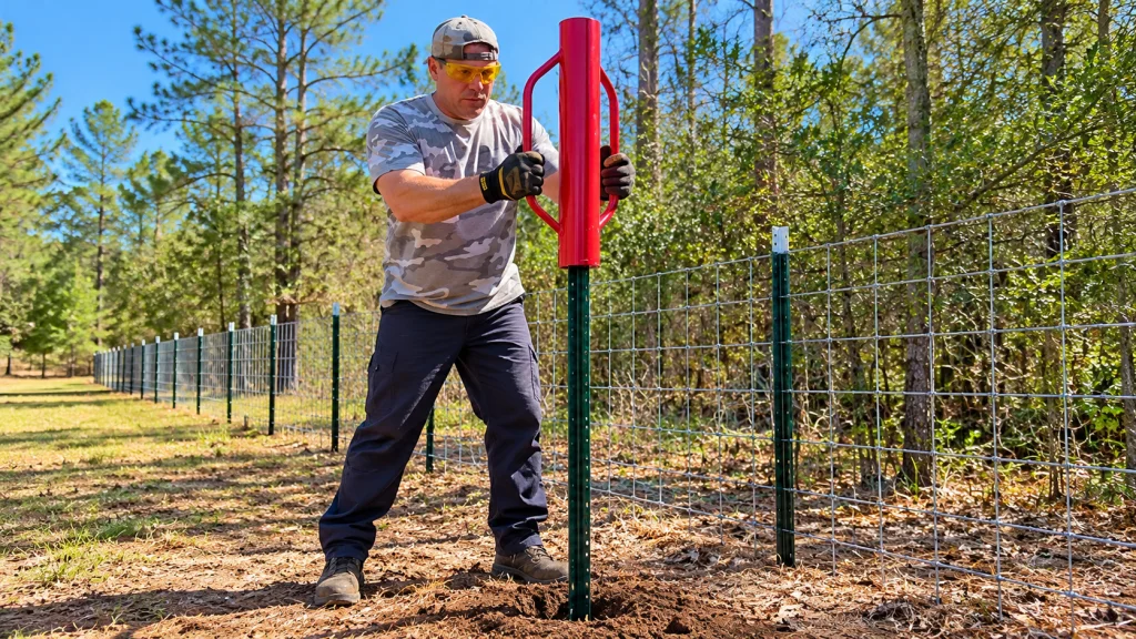 Worker using a T-post driver to install a metal fence post