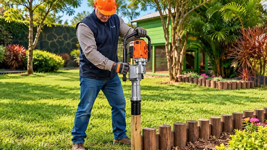 Worker using an electric T-post driver