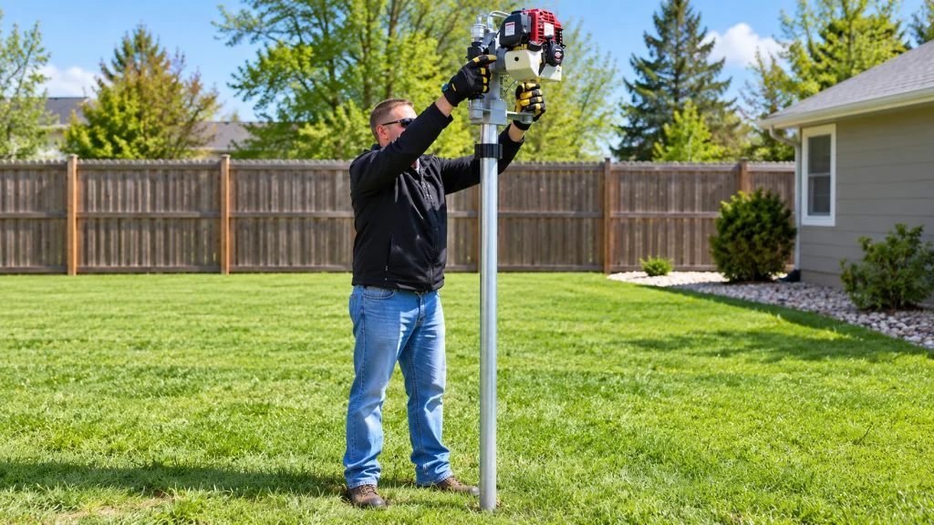 Worker using a gas powered fence post driver
