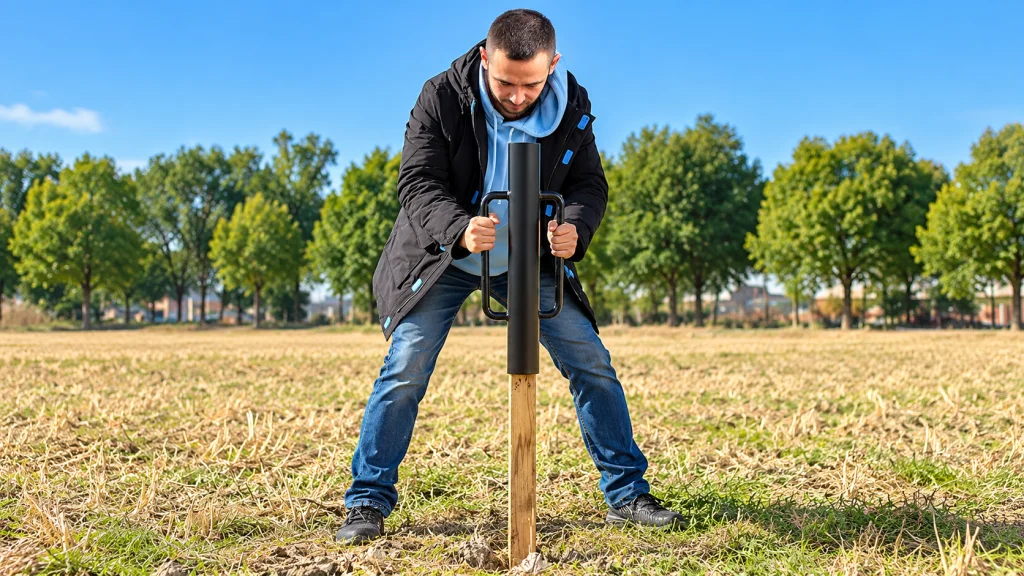 Worker using a manual T-post driver to install a fence post