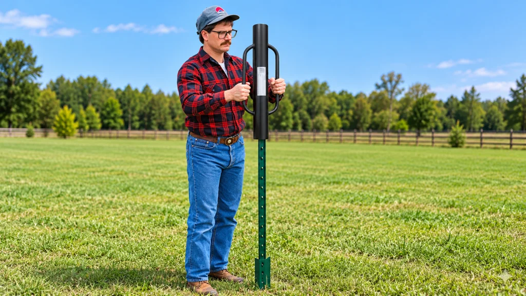 Man using a manual fence post driver to install a T-post