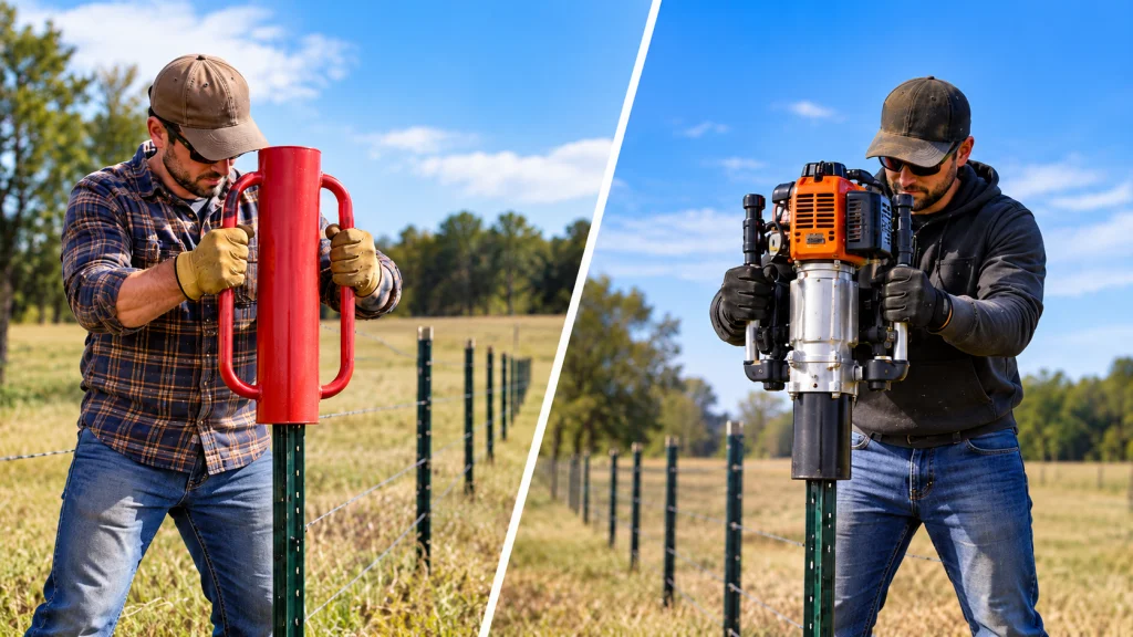 Manual and powered fence post drivers for T-post installation