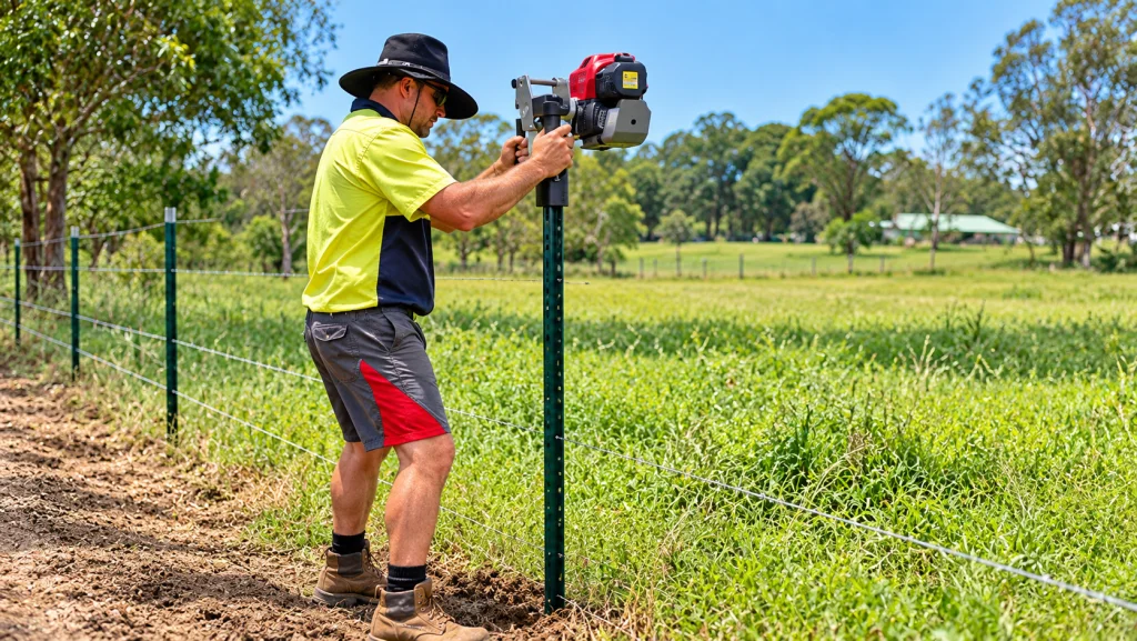 Worker using a powered T-post driver to install a metal T-post