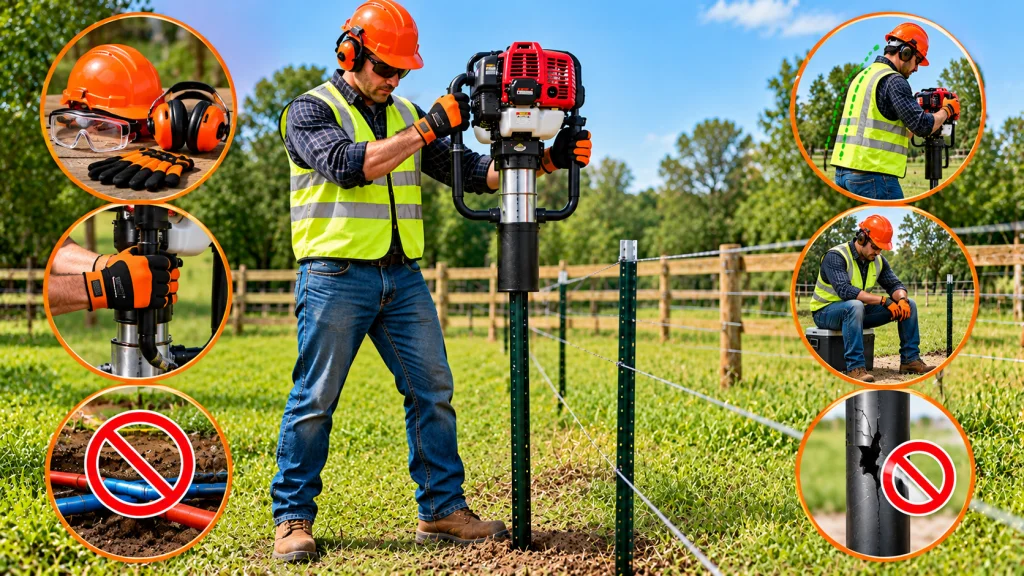 Worker using a gas-powered T-post driver with safety gear