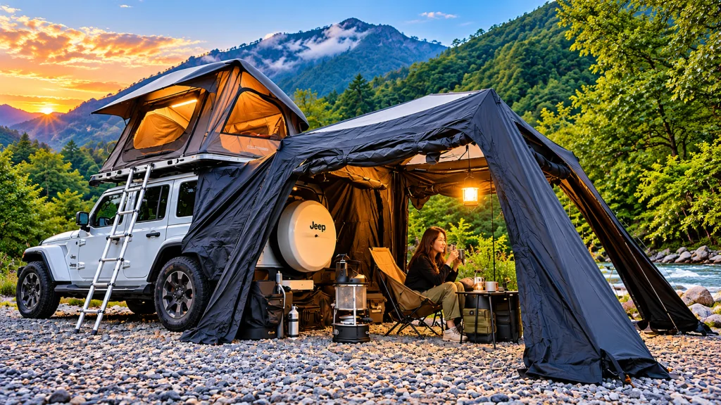 Woman relaxing under car camping tent annex at dusk