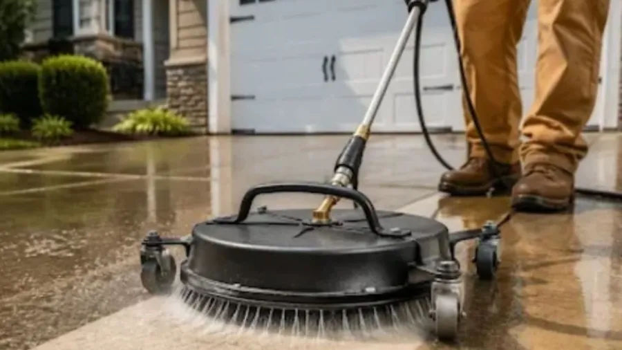 Pressure washer surface cleaner attachment on a driveway