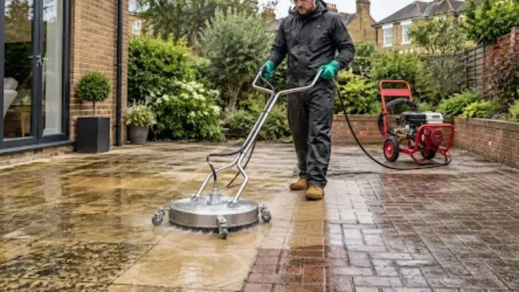 Concrete cleaning attachment on a patio