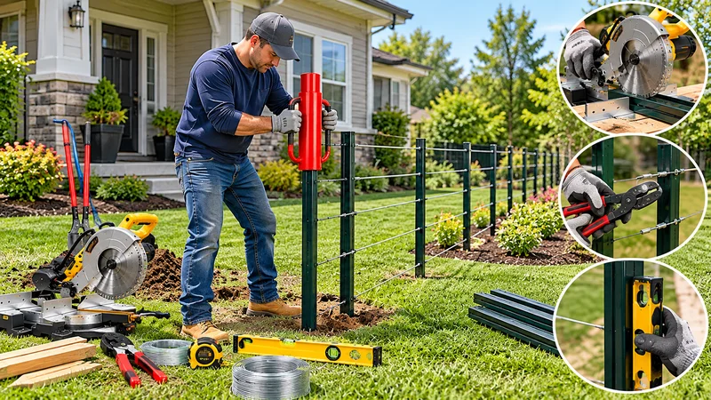 Worker installing metal fence posts using fencing tools