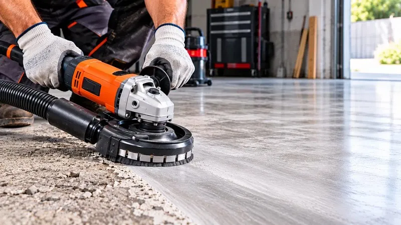 Angle grinder concrete grinding with dust shroud