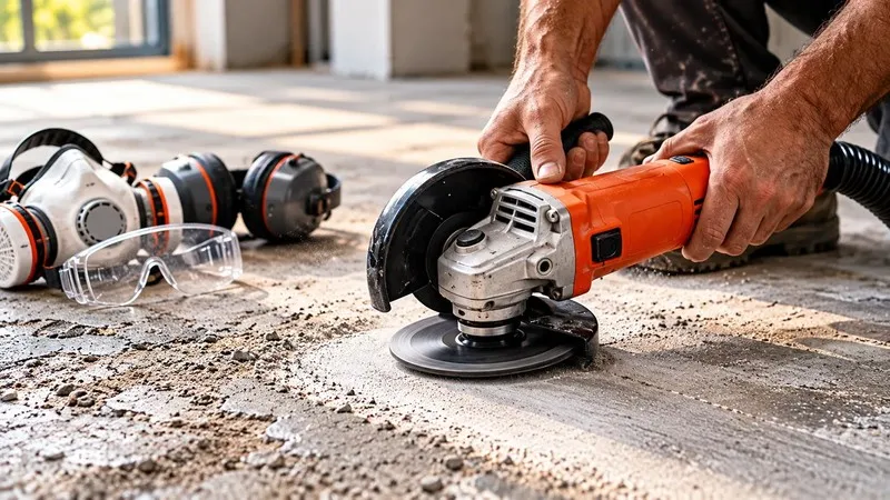 Angle grinder concrete grinding with safety gear