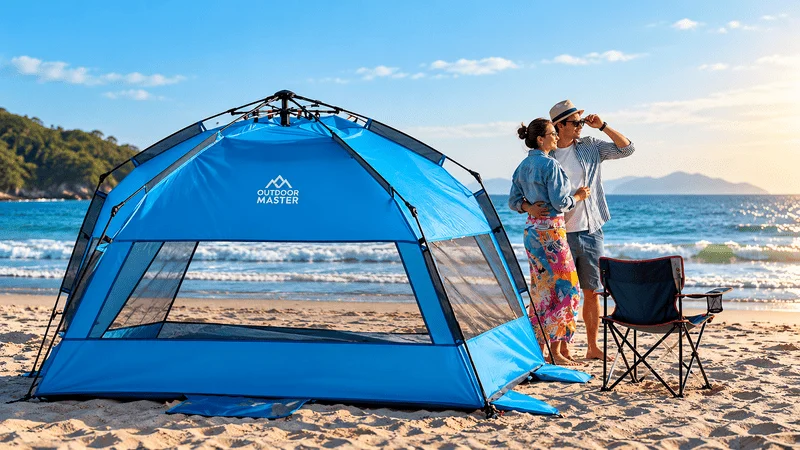 Een stel bij een blauwe, makkelijk op te zetten kampeertent op het strand.
