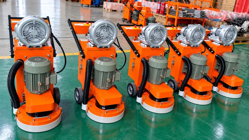 Row of concrete floor grinders in a warehouse