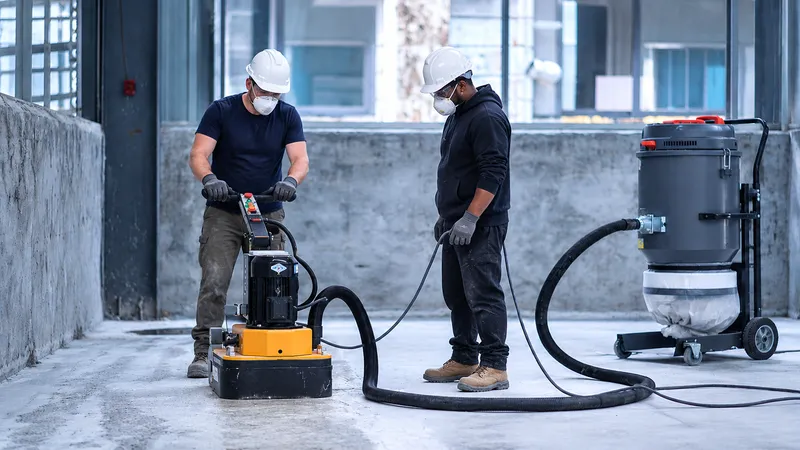 Workers using a concrete floor grinder with a vacuum