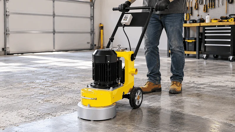 Worker grinding concrete with dust extraction