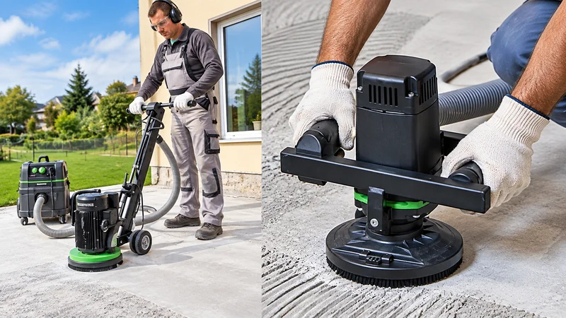 Concrete floor grinder removing thin-set tile mortar