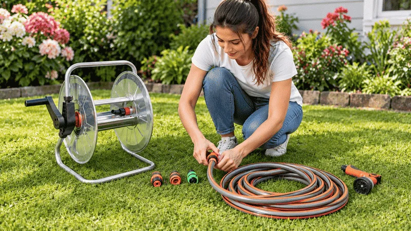Woman connecting hose to metal hose reel on lawn.
