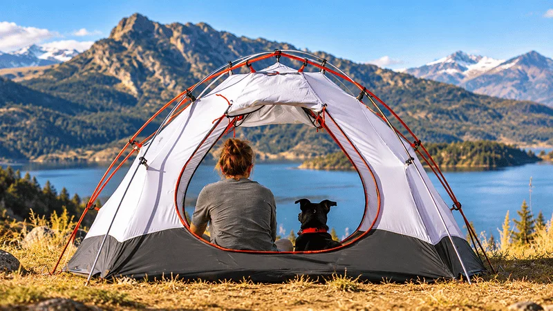Vrouw en hond in een eenvoudig op te zetten kampeertent.