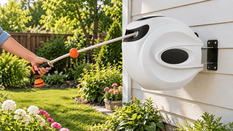 A white retractable garden hose reel.