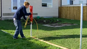 Worker installing a metal fence post