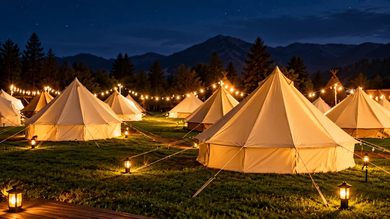 Verlichte belltenten op een glamping-campinglocatie 's nachts.
