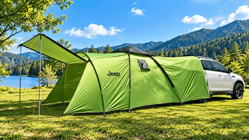 Green car camping tent with vestibule attached to SUV
