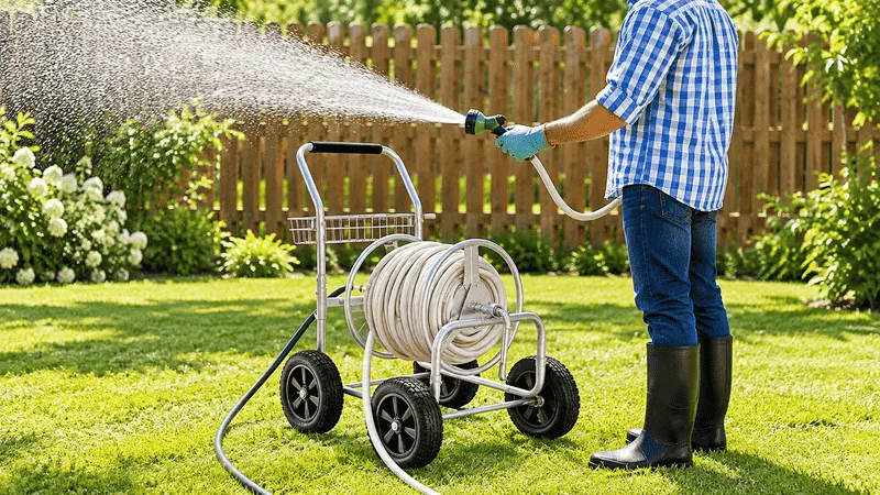 Mann bewässert Garten mit einem tragbaren Wasserschlauchwagen.