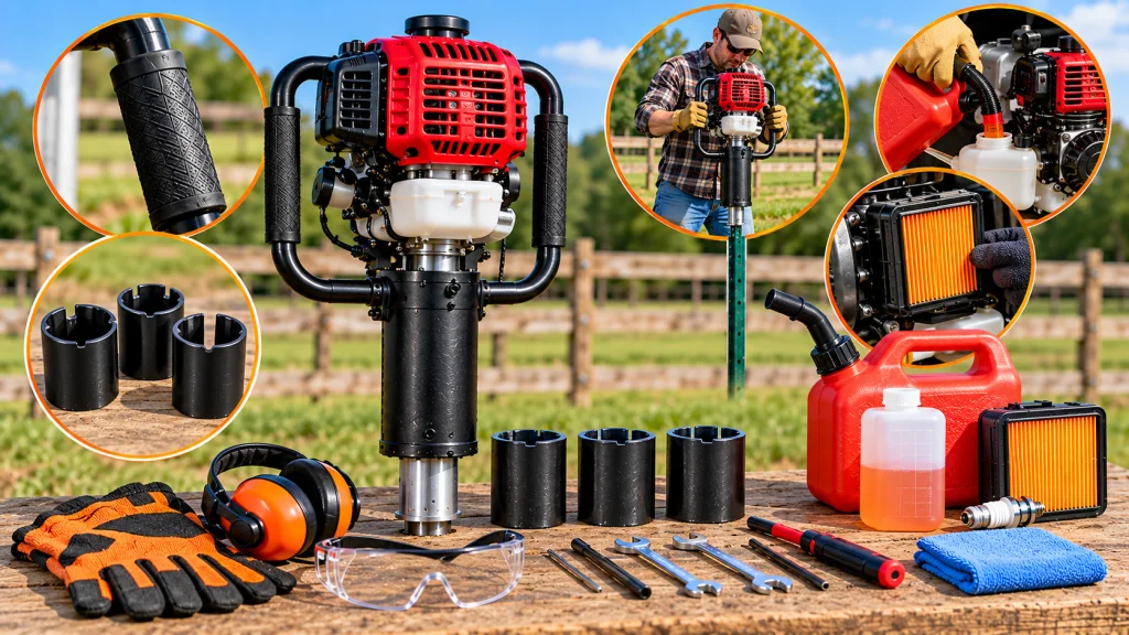 Gas-powered T-post driver with heads and safety gear.