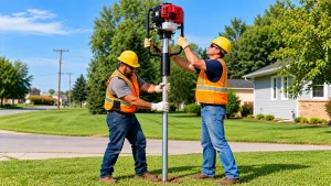 Two workers using a gas-powered T-post driver