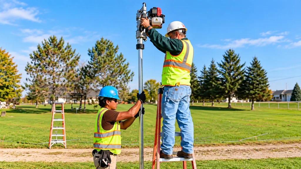 Two workers using a gas-powered T-post driver